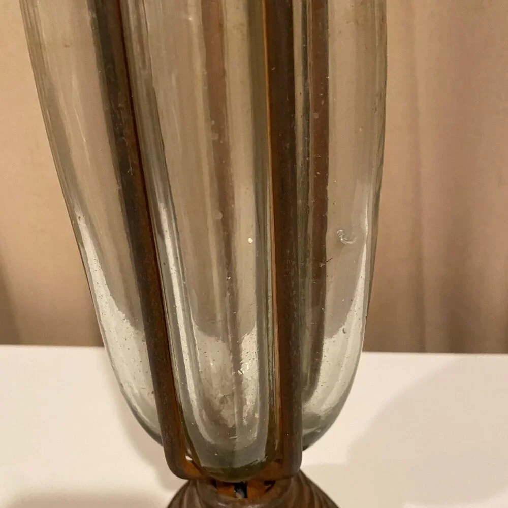Rare Vintage Blown Glass Vase in Wrought Iron‎ Frame 17” Mid-Century Brutalist